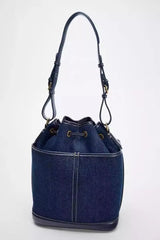 Denim Bucket Bag for Women – Drawstring Shoulder Handbag with Leather Trim - Julie bags