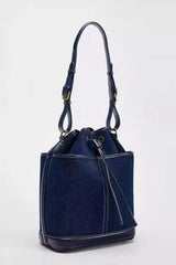 Denim Bucket Bag for Women – Drawstring Shoulder Handbag with Leather Trim - Julie bags