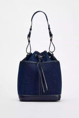 Denim Bucket Bag for Women – Drawstring Shoulder Handbag with Leather Trim - Julie bags