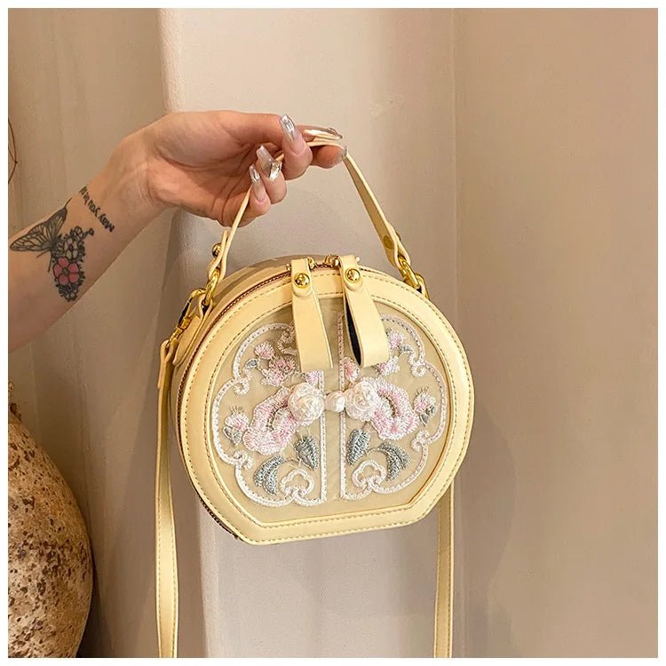 Exquisite Embroidered Floral PU Leather Round Crossbody Tote - Julie bags