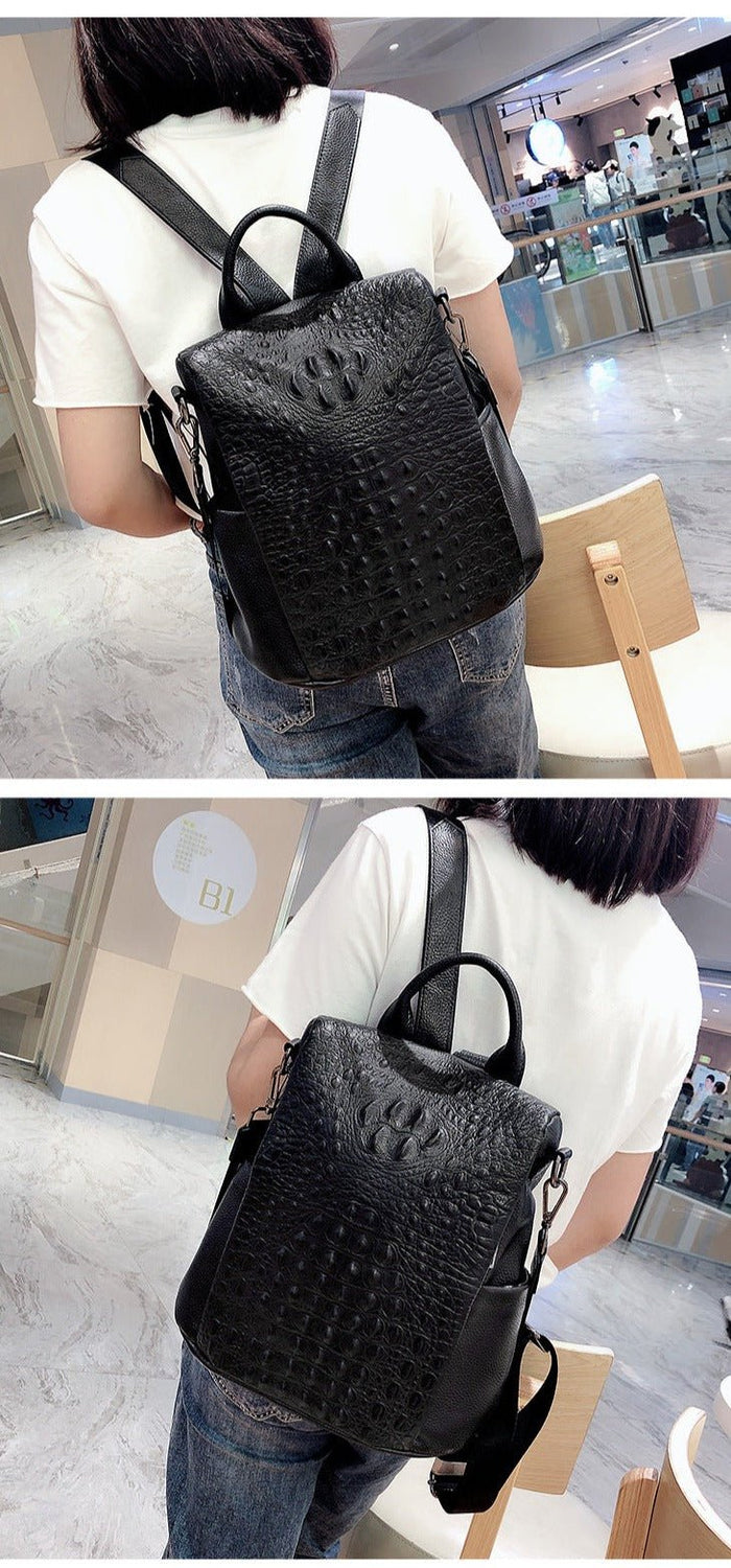 Genuine Leather Knapsack Backpack Laptop Bag Alligator Pattern Women Work Travel Genuine Leather Knapsack Ladies Alligator Pattern Women  main image 4