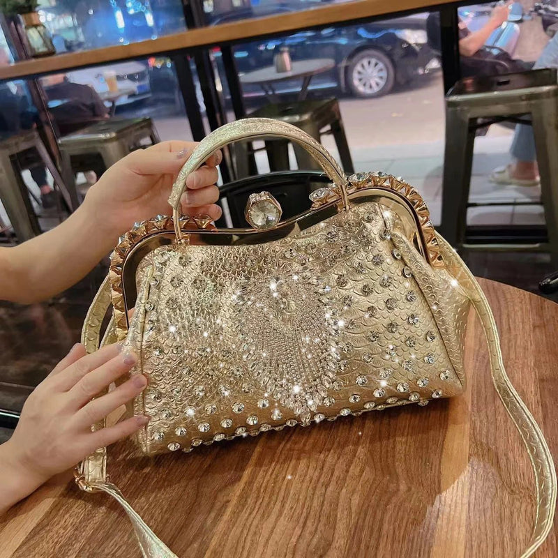 Medium Rhinestone Bag New Luxury Fashion Diamonds Women's Handbags Leather Design Clip ...