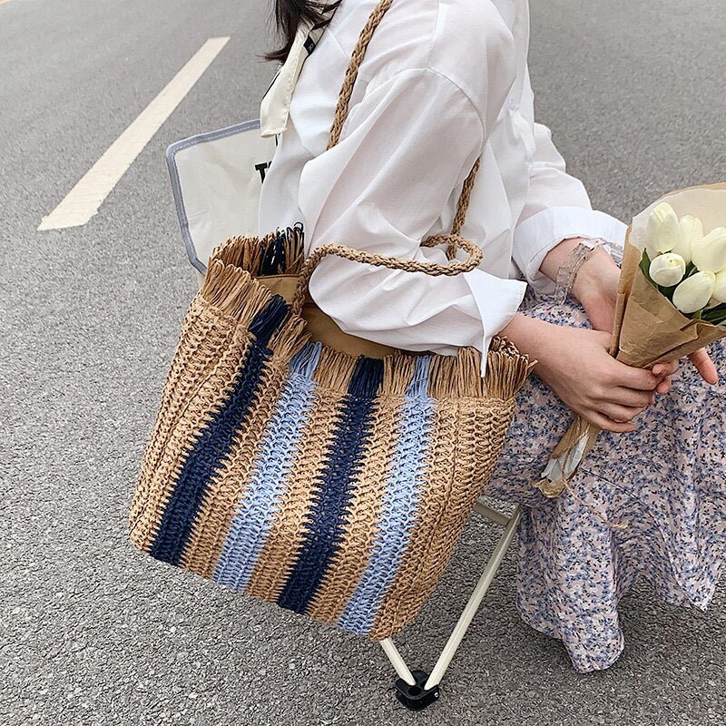 Sun-Kissed Style: Embrace the Serenity with our Striped Beach Straw Bag - Julie bags