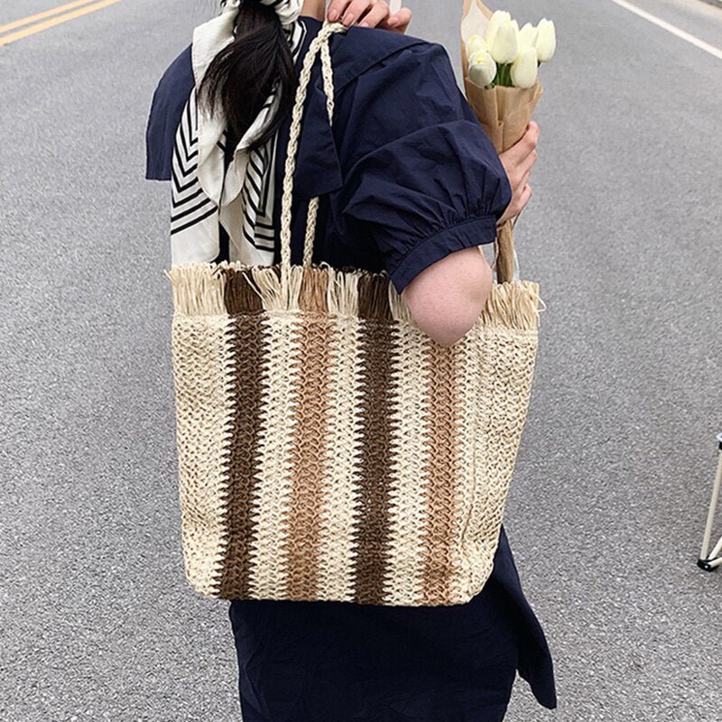 Sun-Kissed Style: Embrace the Serenity with our Striped Beach Straw Bag - Julie bags